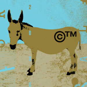 The Mule (Kenjac) by Mostar-based artist Boris Pehar is a bold visual commentary on the darker realities of today’s Mediterranean. Set against a striking turquoise and dusty brown backdrop, the illustration features a mule marked with a copyright symbol—surrounded by hidden signs and symbols that reference illegal construction, unchecked development, corruption, and the commodification of land.